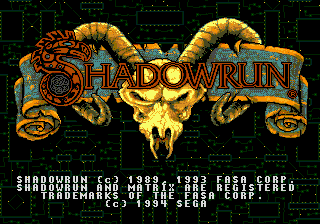 Shadowrun title screen for Sega Genesis